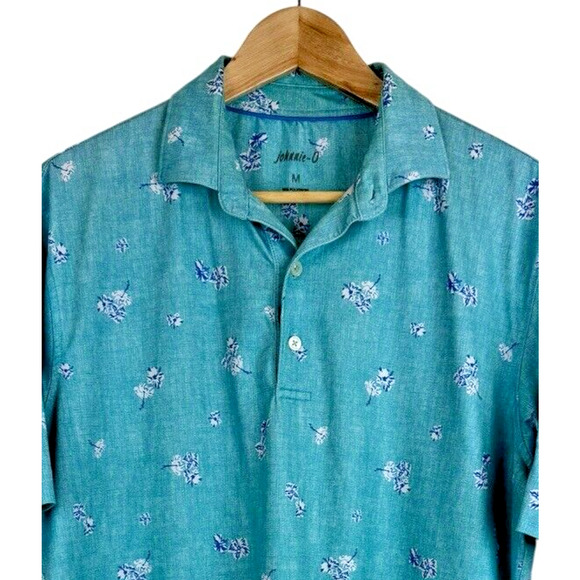 Johnnie O Polo Shirt Men's M Blue Floral Mosaic Golf Stretch Performance - Picture 2 of 4